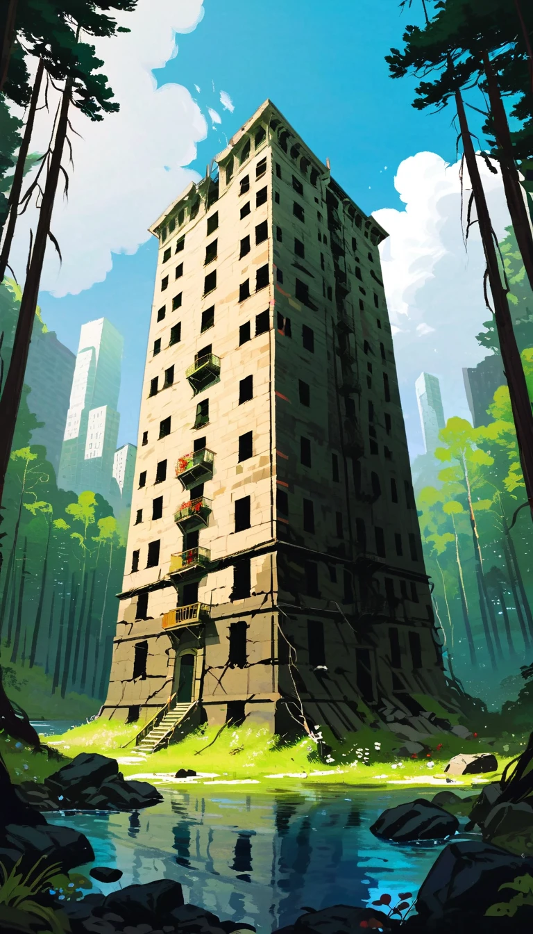 2D Art, hyper   Details gouache painting of a clearing in a dark forest, Anime Landscape,  Calm Atmosphere ,blue sky, High-Rise Group,Submersion,Sea Level Rise ,ruins,rubble,  high quality illustration, artstrationでtrend入り,  wide angle shot , Flat Paint,  illustration art, ILYA KUVSHINOV STYLE ,  mathematical art Ilya Kubushinov , highly   Details, uhd images, intricate details   Details scene background,   Details, 8k, trend,  Amazing Art ,  score_9,  score_8,  score_7,  to Will Burnett INSPIRED DIGITAL PAINTING, Magalli Villaneneu  , Tumbler,   digital art ,  hardcore sex ,   digital art 