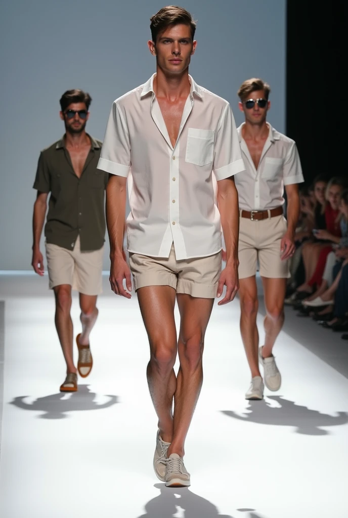 candid fashion illustration of young Mixed race 2man, both aged 23 year old, ((showcase fashion look book in mixed pale Earth-tone outfits)), inspired by Jacquemus's resort collection 2022, in elegant young chic Nautical style. The man wears an oversized short-sleeved stripe shirt with lace details, paired with relaxed-fit white Wide Leg short pants, comfortable and a classic silhouette. He completes his look with white sneakers and round glasses. The 2man complements him in a white mini thong with thick bugle, open shirt, He ensemble includes an accessorizes with a brimmed straw hat, white sneakers, Captured in a dynamic angle, ((full-body image)), ((imperfect pale water color background)), sketching, realistic drawing, imperfect water color drawing, fashion look book, fashion illustrator, sketch design, Chic, sexy, water color palette, high quality
