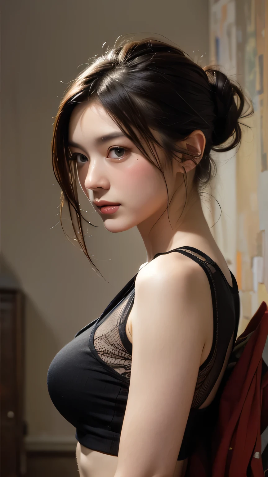 (masterpiece, high quality, lifelike, Ultra realistic, Remarkably high quality, photorealistic:1.5), Anime Busty Sexy pretty Spanish Girl wearing a tank top minimalist logo design Deep bright colors, high quality, extreme quality, super detailed 
