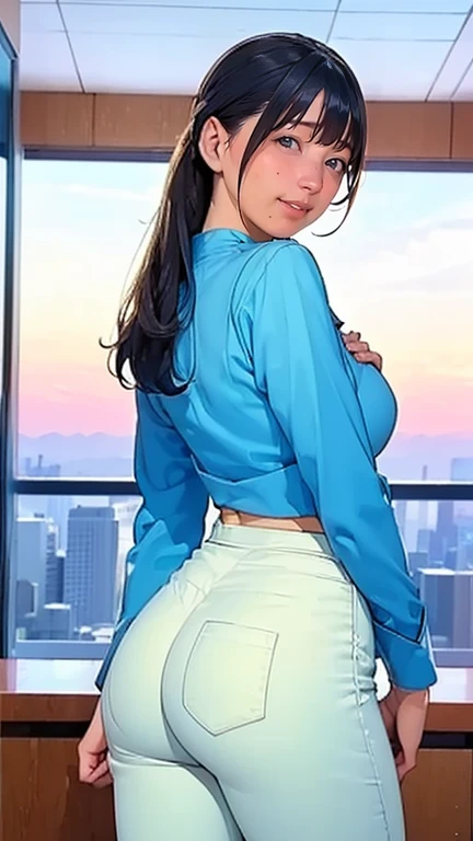 (   best quality, 8k, 32K,       Masterpiece   ,    Ultra High Definition :1.2),   One prankster ,   Cute Japanese Woman  ,   Waistline,  light blue sailor suit,   High school girls overlap with the sunset ,  Mini Skirt,     office room, I put my ass out,  Thick Ass , (    panty line,    My chest hangs from my back  ,     tight pants, skinny pants スーツ:1.3), ( Viewers, Looking Back,      detailed face    ,     double eyelids, smile)