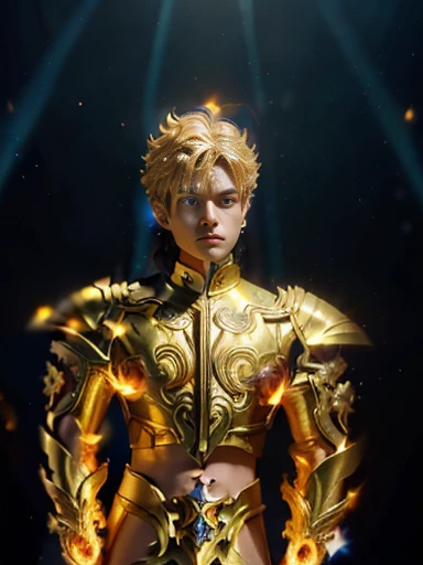 (ultra realistic,32k, masterpiece:1.2),(high detailed skin:1.1),( high quality:1.1), 8k, uhd, masterpiece, 1 boy, golden armour full decourated with friezes, light blue friezes, short blonde hairs, blue eyes, 20 years old, european, beautiful full armour, angelic sword and flames themed friezes