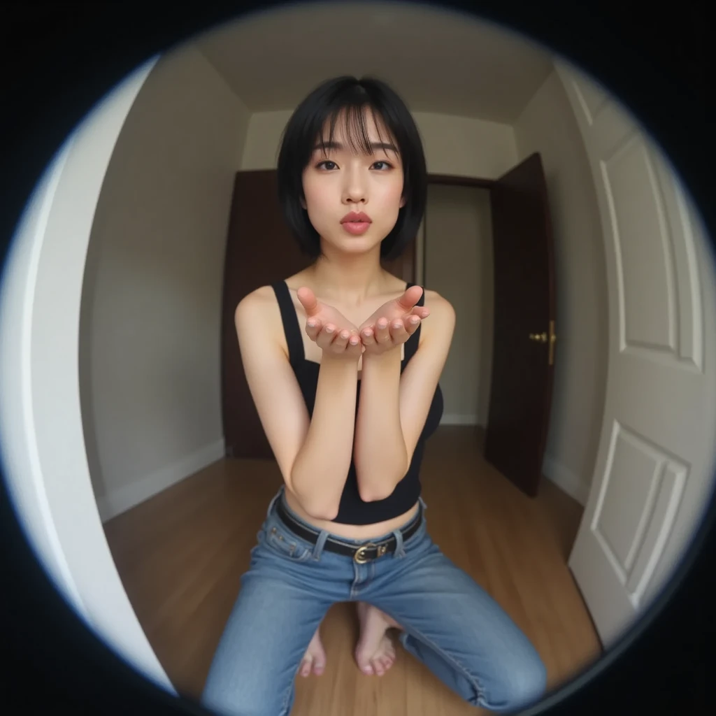 (Photo of a distorted close-up image of a beautiful Asian woman's face taken with a fisheye lens: 1.6), (taken with a fisheye lens: 1.8), (25 years old. Black bob hair, slim body with long limbs, wearing a black oversized tank top and jeans, (composition with a close-up of her face in the center of the screen: 1.6), (elegant and modest makeup: 1.6), (H-cup bust: 1.5), (bold cleavage: 1.6), (crouching and leaning forward, smiling and blowing a kiss to the viewer approaching the camera), (woman distorted with a fisheye lens composition: 1.6)