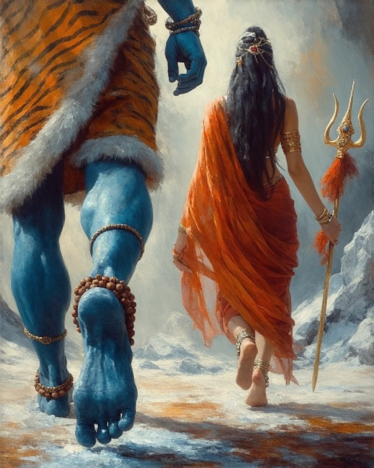 Semi-abstract oil painting of Lord Shiva and Goddess Parvati stepping forward, back turned. Shiva’s blue feet, adorned with rudraksha beads, tiger-skin cloth, and trident, contrast with Parvati’s fair feet, ornamented with payals and a flowing red saree. Set in the icy Mount Kailash, the scene features thick impasto brushstrokes, moody lighting, vibrant earthy tones, and dramatic shadows, evoking divine presence with textured, introspective detail.