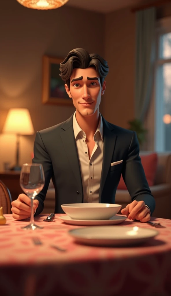 a happy young man in a charming and beautiful restaurant, wearing a white scarf and a dark coat, holding a glass of wine in his hand that is resting on the table. On the table a bottle of wine, a glass and cutlery. In the background there are people in the restaurant. The restaurant's ceiling is wooden with lights decorating the space.