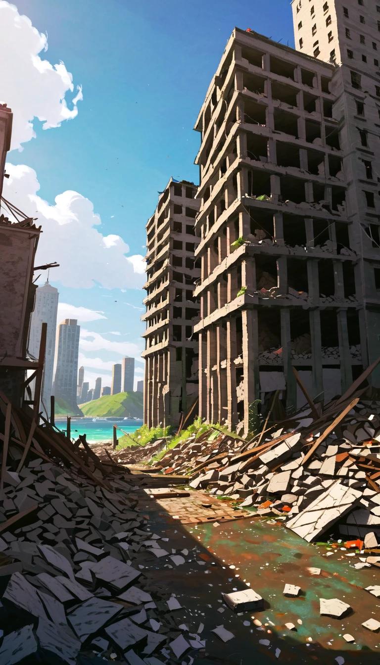 2D Art, Anime Landscape,  Calm Atmosphere ,blue sky, High-Rise Group,Submersion,Sea Level Rise ,ruins,rubble,  high quality illustration, artstrationでtrend入り,  wide angle shot , Flat Paint,  illustration art, ILYA KUVSHINOV STYLE ,  mathematical art Ilya Kubushinov , highly   Details, uhd images, intricate details   Details scene background,   Details, 8k, trend,  Amazing Art ,  score_9,  score_8,  score_7,  to Will Burnett INSPIRED DIGITAL PAINTING, Magalli Villaneneu  , Tumbler,   digital art ,  hardcore sex ,   digital art 