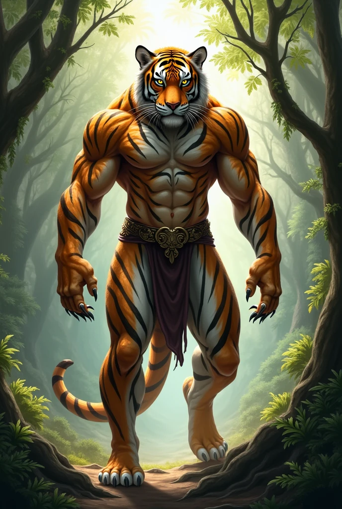 male tiger warrior, solo, masterpiece, best art, digitigrade, detailed hands, detailed eyes, detailed torso, jungle, proud expression, muscular, abs, nipples, pubes, loincloth