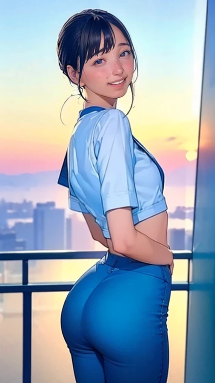 (   best quality, 8k, 32K,       Masterpiece   ,    Ultra High Definition :1.2),   One prankster ,    Cute High School Girl   ,   Waistline,  light blue sailor suit,   High school girls overlap with the sunset ,  Mini Skirt,     office room, I put my ass out,  Thick Ass , (    panty line,    My chest hangs from my back  ,     tight pants, skinny pants スーツ:1.3), ( Viewers, Looking Back,      detailed face    ,     double eyelids, smile)