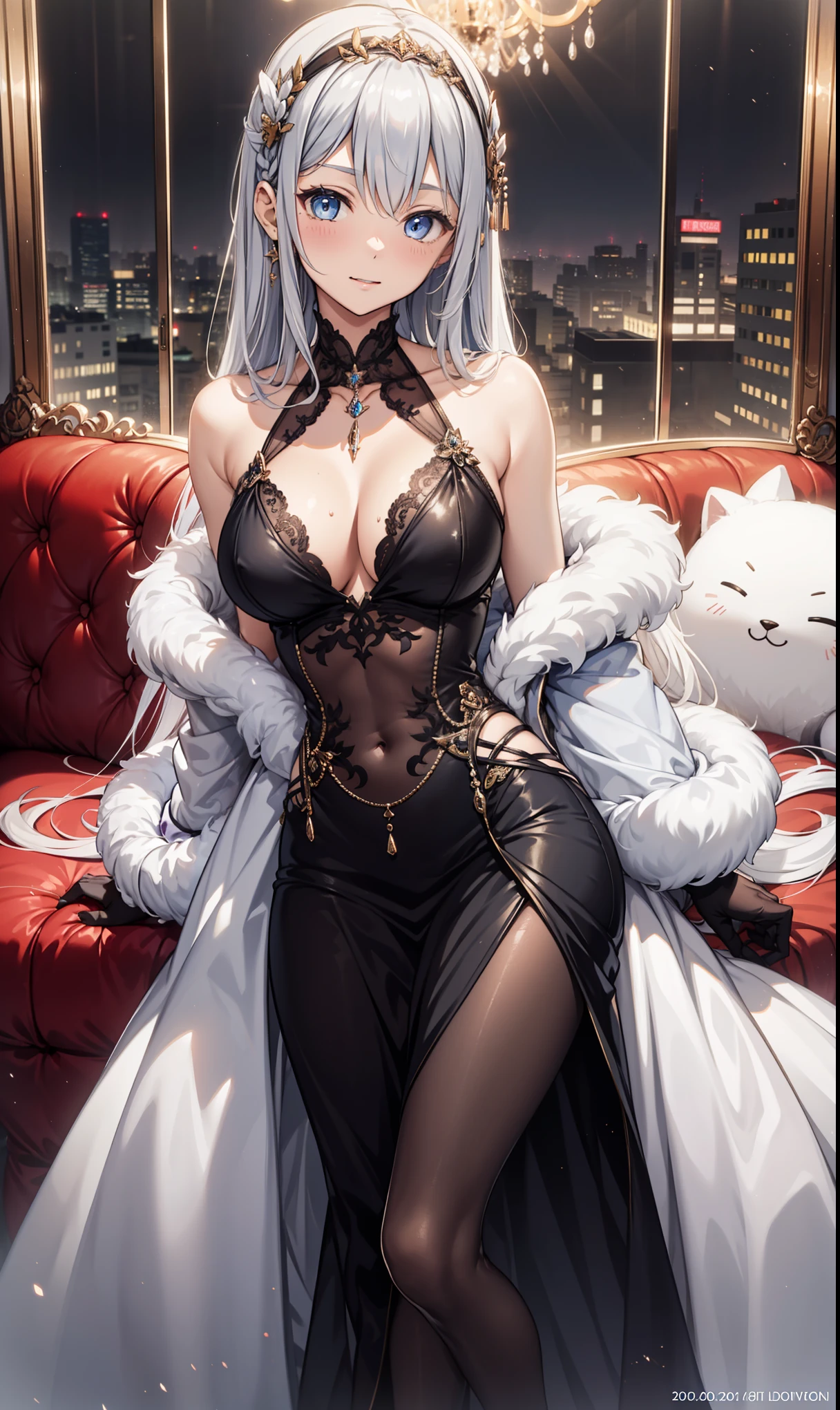 Pirotess dark elf. 1girl, white silver long hair, tellow eyes, white dress, black stockings, white high heels, jewelry necklace, fur coat, portrait