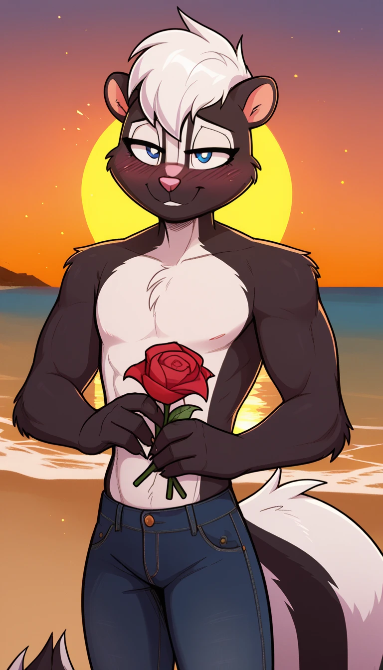 masterpiece, best quality, nervous expression, male, anthro, furry, black fur, fluffy fur, French skunk boy, furry, skunk ears, animal nose, cute eyes, blue eyes, skunk tail, white hair, long stable hair, (white hair), solo, (beach), sunset, detailed, buff muscular chest, buff muscle arms, French black bath robe with black tuxedo jeans, holding a rose, shy, head tilt, adult (19 years), flat chest, buff thighs, half-closed eyes, blush, looking at the viewer, standing, (kilinah), light particles, score_9, score_8_up, score_7_up, score_6_up, score_5_up, score_4_up