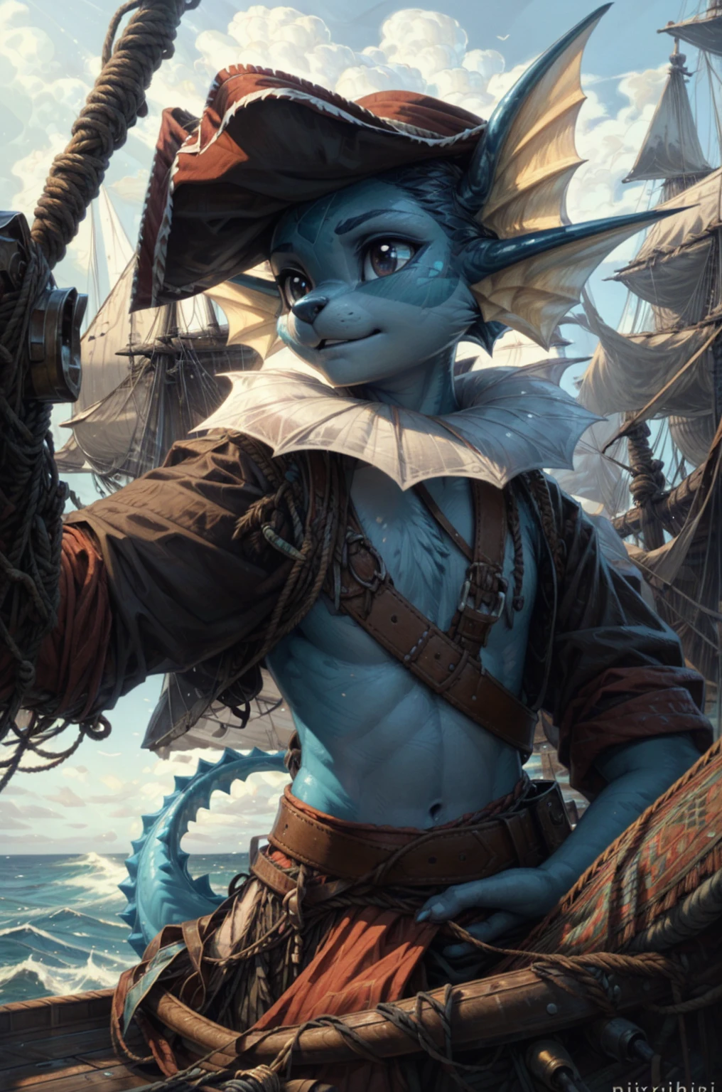 Anthro male, vaporeon, tonic, bare chest, detailed eyes perfect eyes, perfect vaporeon's tail, some clouds, vivid colors, fading light, perfect hands, perfect anthro mouth, perfect habs, sea's waves, wears pirates clothes, on a gelleon scenario, sea and ships in the background, perfect prospective, detailed, detailed background, detailed ship, dinamic, professional illustration, breathtaking, masterpiece, trending, vivid red belt, realistic seas, windy day, by pixelsketcher:0.3, by hioshiru:0.1