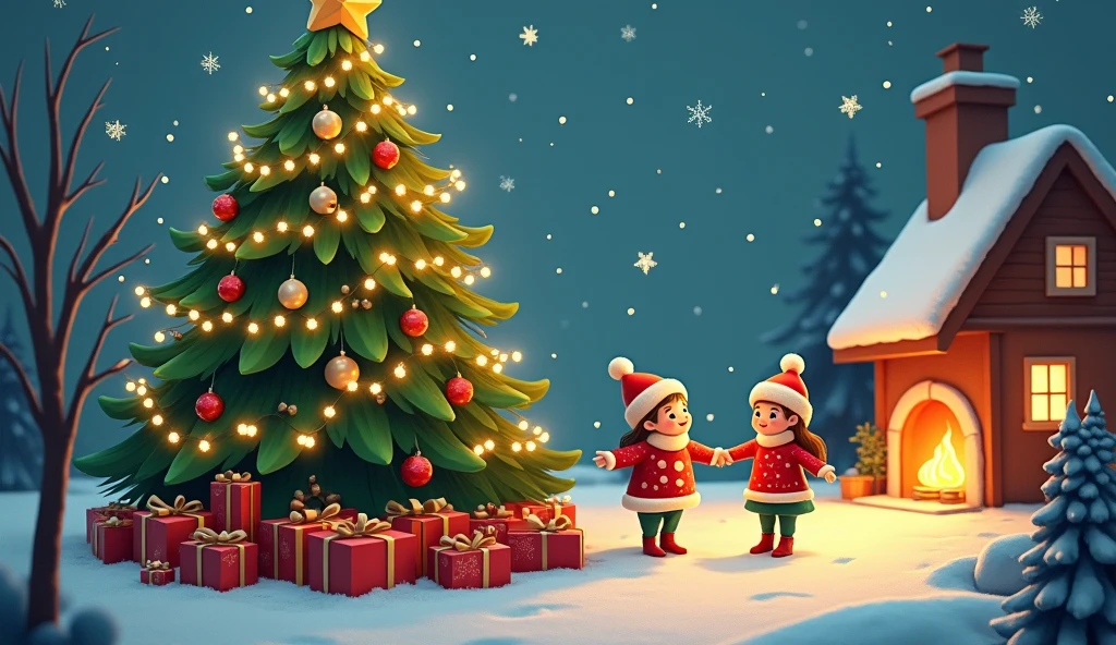 a joyful christmas celebration, christmas tree, presents, snowman, snow-covered landscape, sparkling lights, children playing in the snow, festive decorations, (best quality,4k,8k,highres,masterpiece:1.2),ultra-detailed,(realistic,photorealistic,photo-realistic:1.37),intricate details,warm lighting,vibrant colors,festive atmosphere,magical winter wonderland