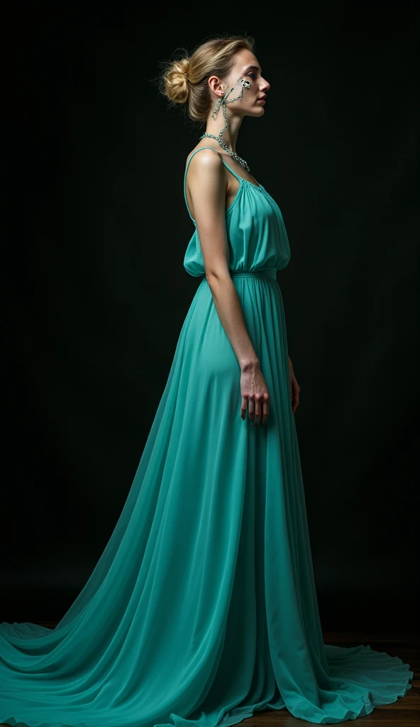 (Fashion Model), against a dark background with a mysterious atmosphere and cool color tones with soft side lighting in the photography style of high contrast between light and shadow, glow effect, light leak, full body, award-winning, cinematic still, emotional, vignette, dynamic, vivid, (masterpiece, best quality, Professional, perfect composition, very aesthetic, absurdres, ultra-detailed, intricate details:1.3)