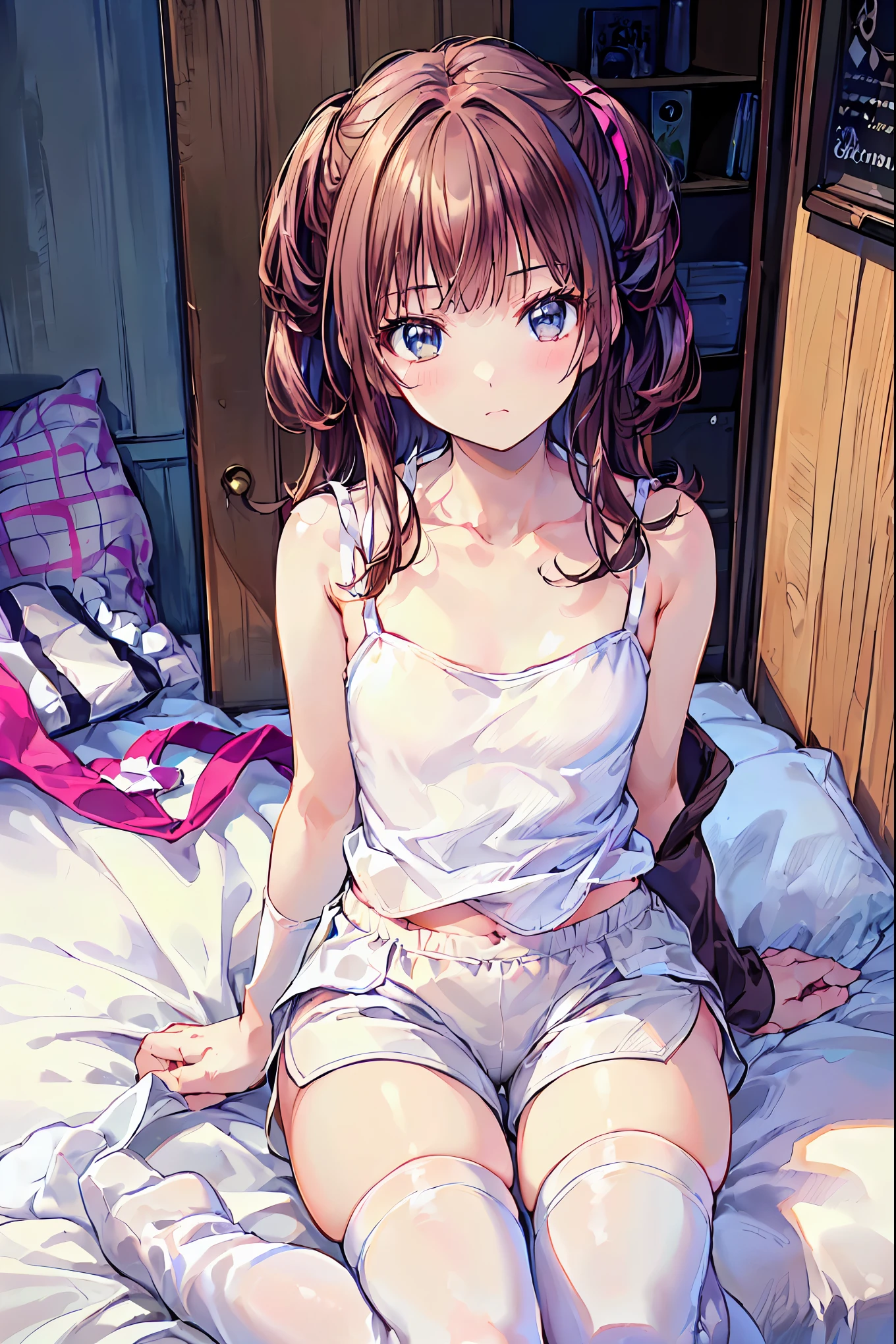  absurd,(  Masterpiece 、 best quality、8k ), complex details, very detailed、1 cute girl、((movie:1.4)), embarrassing、( flat chested、bulge:2.2( brown hair、( white camisole, white shorts 、 white knee-high socks :1.3), on the bed、 super real ,  perfect anatomy over a white blouse ，