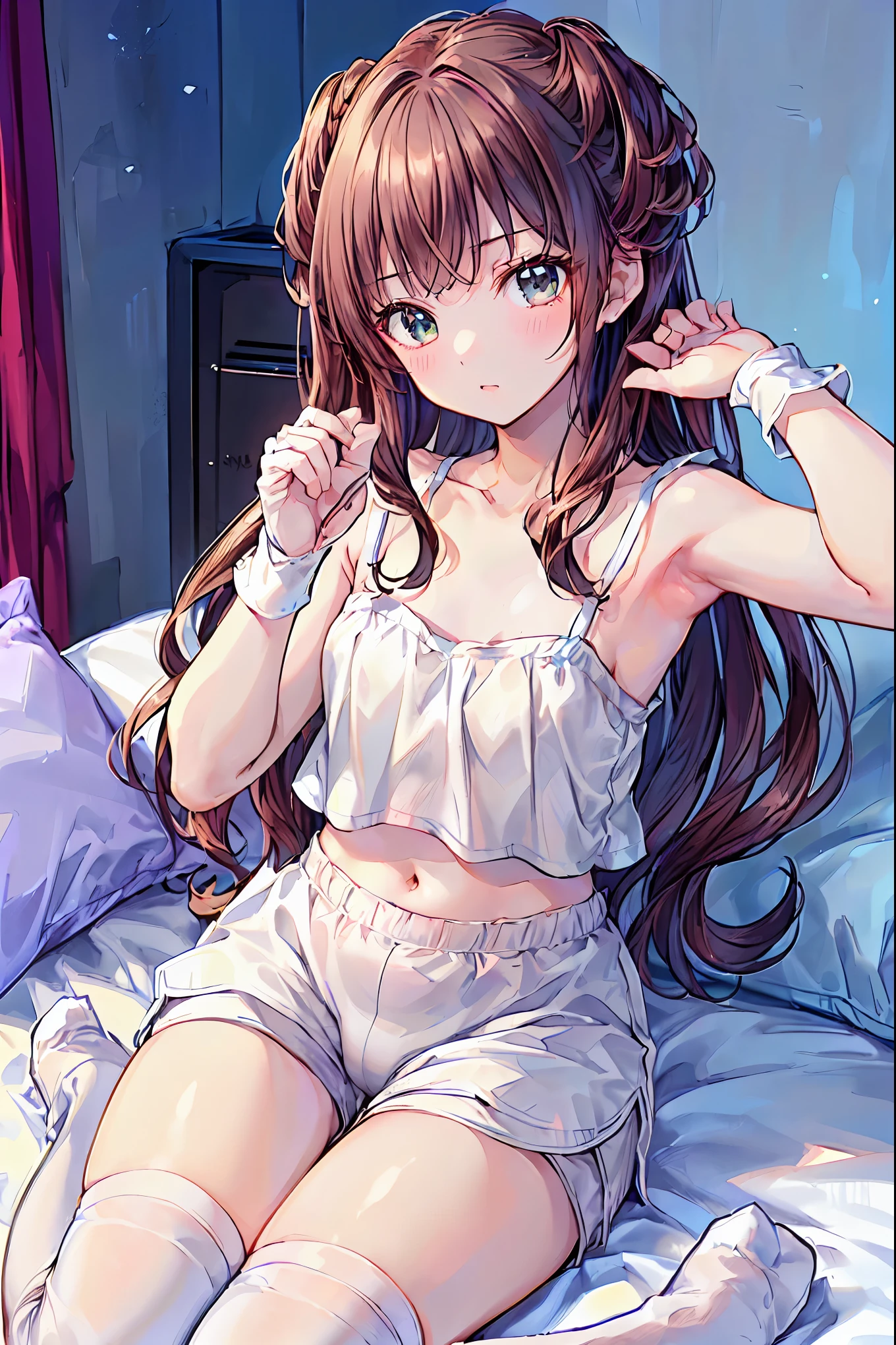  absurd,(  Masterpiece 、 best quality、8k ), complex details, very detailed、1 cute girl、((movie:1.4)), embarrassing、( flat chested、bulge:2.2( brown hair、( white camisole, white shorts 、 white knee-high socks :1.3), on the bed、 super real ,  perfect anatomy over a white blouse ，