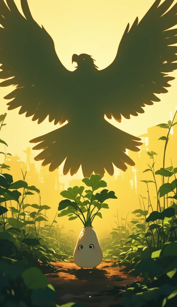 a small daikon on a farm being covered entirely by a giant flying bird's silhouette behind it. the bird in the sky covers the sunlight, causing everything in the foreground to be dark. the camera focuses on the daikon, with an extreme wide shot on the daikon to capture the silhouette of the bird. the daikon has a cute cartoony face, where it looks at the viewer, with a scared face. 