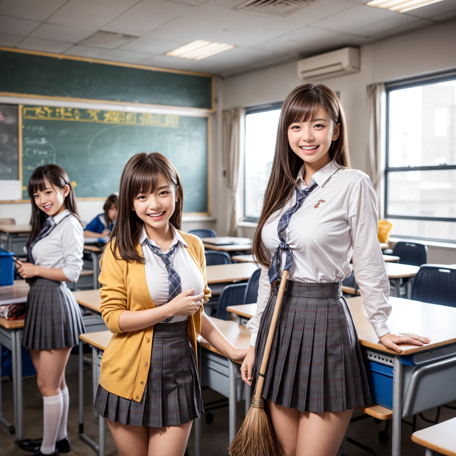 (A close-up photo of two Japanese high school students), ((Both boy and girl)), (Touching the crotch with each other), (in the classroom), (everyone smiling), best quality, masterpiece, looking at the camera, (All naked), (Nudists), ((All sweating shiny skin)), Double eyelids, Bangs down