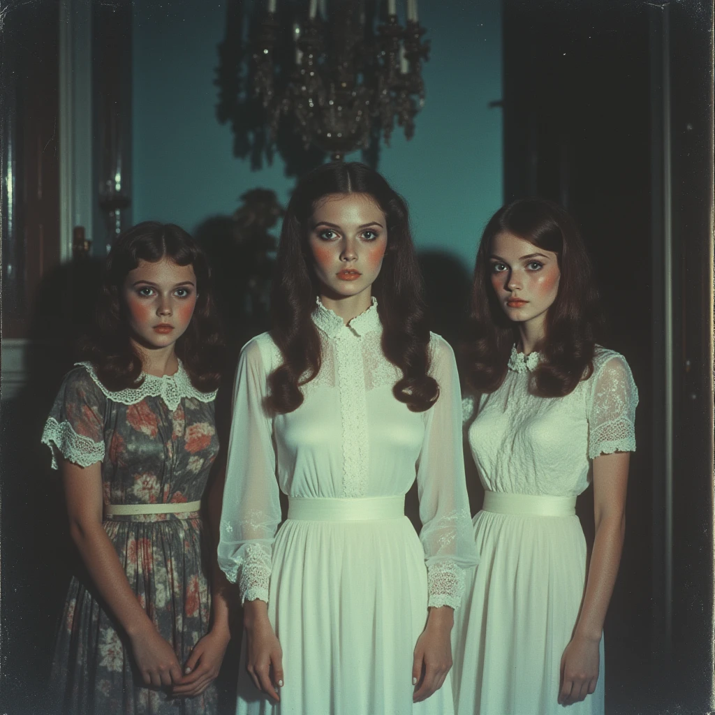 ArsMovieStill, movie still from a 1970s horror movie, The image is a vintage photograph of three young women standing in a dimly lit room. The woman in the center is wearing a white dress with a high neckline and long sleeves. She has long dark hair and is looking directly at the camera with a serious expression. On the left is a young girl with long dark brown hair wearing a floral dress with white lace detailing. She is standing next to the woman on the right who is also wearing a long white dress.The background is blurred but it appears to be a room with a chandelier and other decorative items. The overall mood of the image is eerie and mysterious., multiple girls, dress, long hair, white dress, 3girls, black hair, realistic, brown hair, horror (theme), ghost