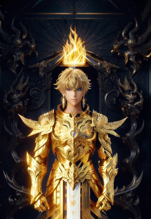 A beautiful boy from saint seiya, Golden armor with friezes, (((sword and flames theme of friezes))), sapphyres, Blue light effects, blonde with Blue yes and ear Rings, ultra realistic, uhd, 8 k, masterpiece