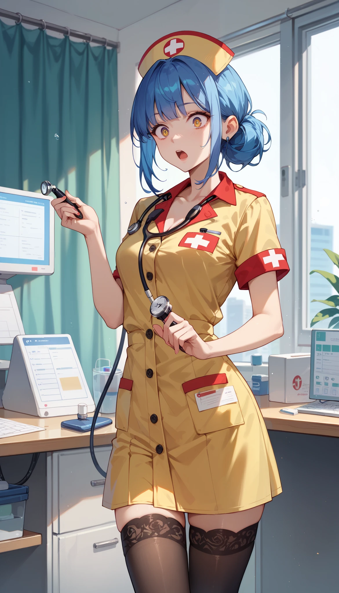 Nurse in yellow uniform, interviewing, black stockings, blue hair, stethoscope, surprised expression