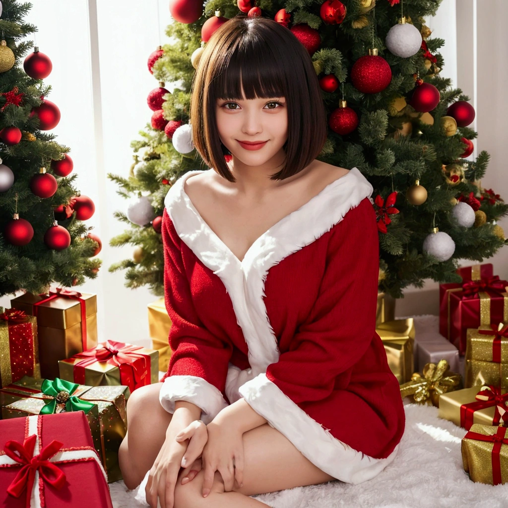 Black hair, short cut hair, sitting on the floor, Santa costume, miniskirt, simple face, white lace panties, smile