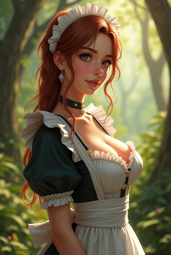 In a picturesque Victorian-era garden, a captivating red-haired beauty stands before you. Her ample bosom is accentuated by a tempting neckline that catches your eye. with a seductive look, She holds an ice cream cone close to her face, allowing your luscious lips to graze the creamy treat. Your tongue extends sensually, gently licking and savoring each decadent swirl of ice cream, creating an eye-catching display that leaves you wanting to taste your sweet indulgence. oil coming out of the tongue 1