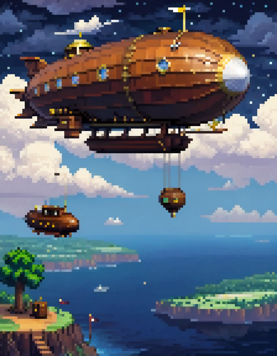 pixel art, 1 a dirigible airship adventure, night, clouds, stars