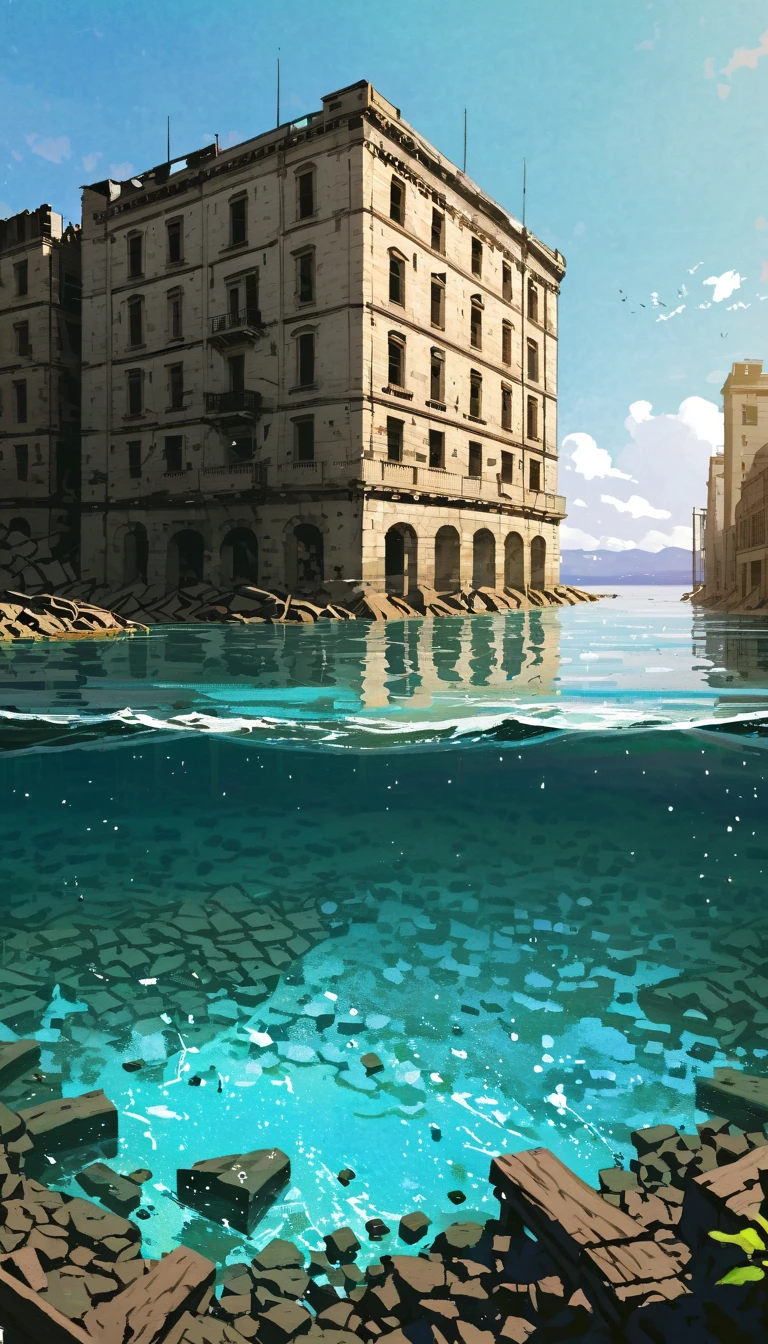 2D Art, Anime Landscape,  Calm Atmosphere ,blue sky, High-Rise Group,Submersion,Sea Level Rise ,In the water,lake,Concrete corrodes with seawater,ruins,rubble, high quality illustration, artstrationでtrend入り,  wide angle shot , Flat Paint,  illustration art, ILYA KUVSHINOV STYLE ,  mathematical art Ilya Kubushinov , highly   Details, uhd images, intricate details   Details scene background,   Details, 8k, trend,  Amazing Art ,  score_9,  score_8,  score_7,  to Will Burnett INSPIRED DIGITAL PAINTING, Magalli Villaneneu  , Tumbler,   digital art ,  hardcore sex ,   digital art 