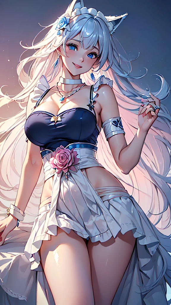 (((masterpiece, ultra high quality, ultra HD, 8K quality))), (((single woman))), (((White Long hair: 1.2))), (((long bangs:1.2))), (((deep clear Blue eyes))), (((shining eyes, eye highlights))), ((pink lips)), (((Fox ears))), (((beautiful and well-balanced proportions))), sexy expression, ((highly detailed)), ((perfectly detailed face)), (((beautiful shiny white skin))), ((detailed and carefully drawn hands)), (((very large and ample breasts: 1.2))), (((cute smile)), ((pearl Blue love uniform, maid outfit)), photorealistic image, (((photo from waist up))), ((large earrings, necklace, bangle, ring)), ((rose flower hair ornament))