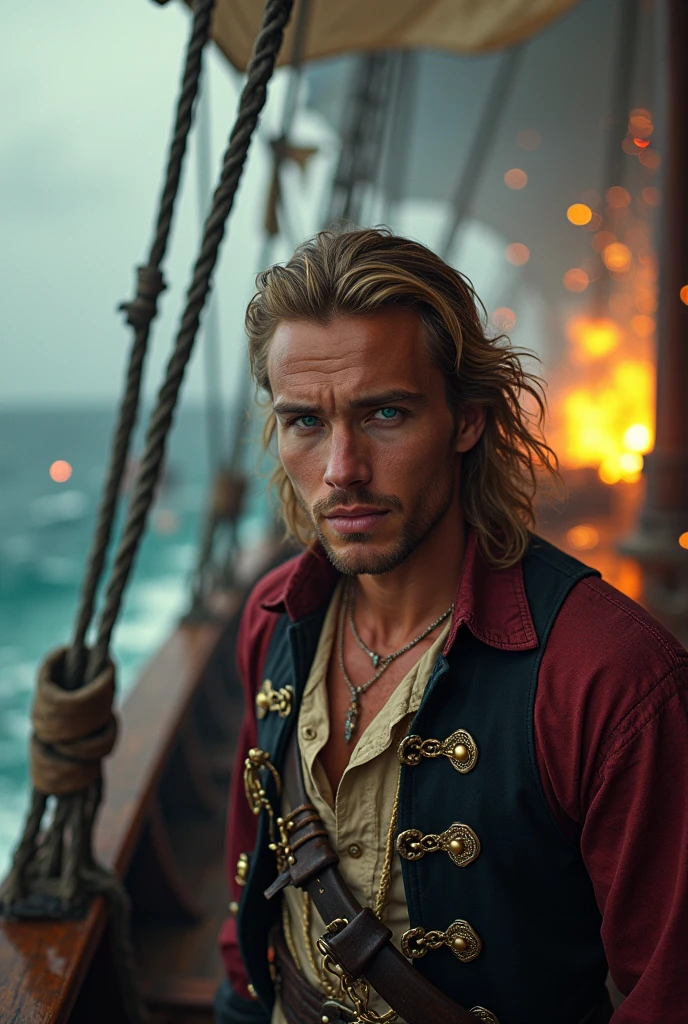 a young white male sitting on deck of pirate ship playing mandolin, swimmer's body, dressed in loin cloth, detailed face, detailed hands, detailed instruments, highly detailed, photorealistic, dramatic lighting, evening, vibrant colors, cinematic, epic atmosphere, fantasy, adventure, no ships in background, romantic, intimate, light of fire