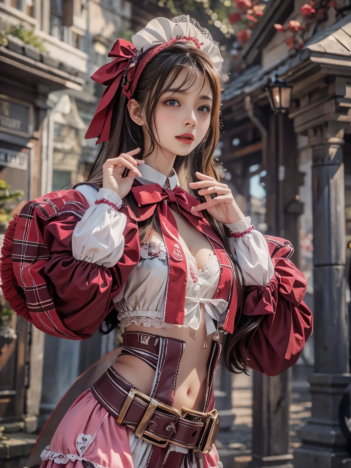(masterpiece:1.3), (Highest quality:1.3),indoor,Bookshelf,window,alone,One girl, I have traveled_stout, Upper Body, Are standing,brown hair, brown eyes, alone, hairclip, Earrings, jewelry, short_hair, white_hat, Have, hair_ornament, brown_gloves, necklace, short_shorts, x hair ornament, red shorts, Braiding,