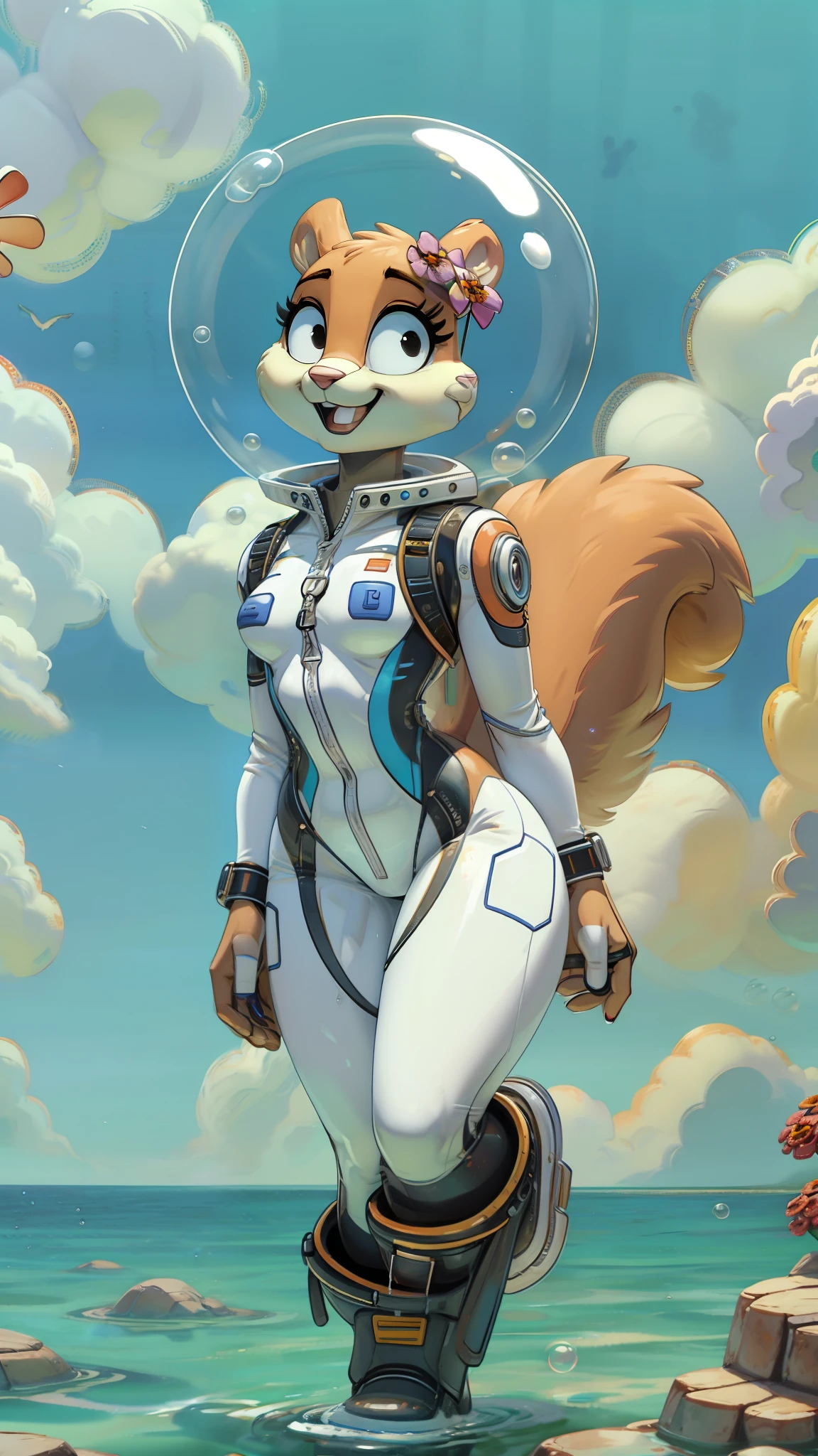 Best quality, Masterpiece:1), solo, fluffy female with sandy cheeks, Squirrel Girl, full length, очень slim, god, thin thighs, Slim body, athletic body, Very narrow hips, open mouth, serious look, smile, floats, in move, Floats, smile, bubble helmet, flower on the helmet, bare teeth, runs, on the run, blurred background, поза on the run, gym clothes, serious face, Small thighs, slim, Black eyes, Under the water, Bubbles, (blue sky, coral clouds in the background:1.1), white diving suit, tight suit, white suit boots, fully enclosed body, tight-fitting suit, All-white suit, only white, nothing but white, a lot of white, solid white color, Under the water, among the reefs, floats Under the water, purple bra under suit, jackpack on the back, technologically advanced, tubes and gadgets on hands, advanced technologies, jetpack on the back