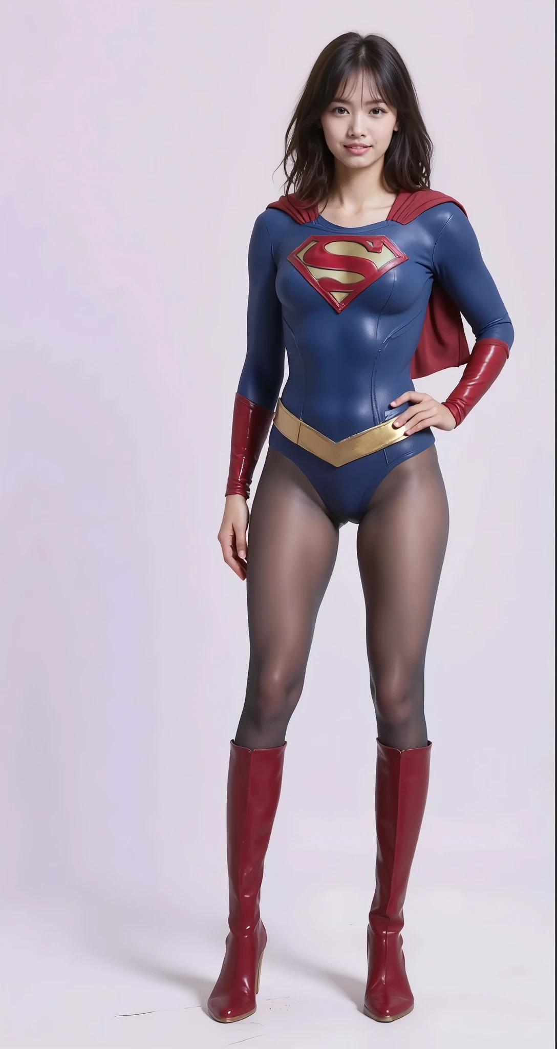 No background、(((Beautiful legs in black tights.)))、(((Legally express the beauty of your smile)))、((((Make the most of your original images)))、(((Supergirl Costume)))、(((Beautiful very short hair)))、(((suffering)))、(((Please wear black tights....、Wear red boots)))、((Best image quality、8K))、((Highest quality、8K、masterpiece:1.3))、(((Preserve background )))、Sharp focus:1.2、Beautiful woman with perfect figure:1.4、Slim Abs:1.2、Wet body:1.5、Highly detailed face and skin texture、8K