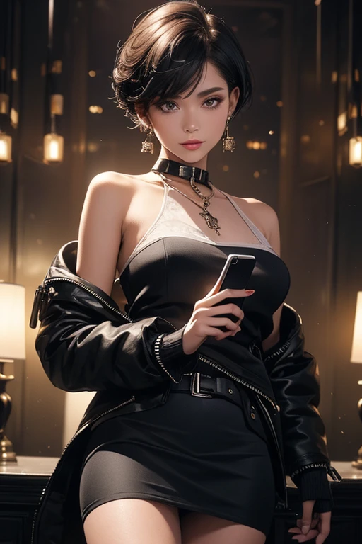 a woman in a black suit, short hair, mini skirt, black stockings, holding a tablet computer, detailed portrait, highly detailed, photorealistic, 8k, masterpiece, (best quality:1.2), (realistic:1.37), elegant, professional, dynamic pose, studio lighting, dramatic lighting, cinematic, beautiful detailed eyes, beautiful detailed lips, extremely detailed face and features, intricate details, hyperrealistic, seamless, no blemishes, refined, high fashion, glamorous, confident, city background, urban setting，Party where，Dress up