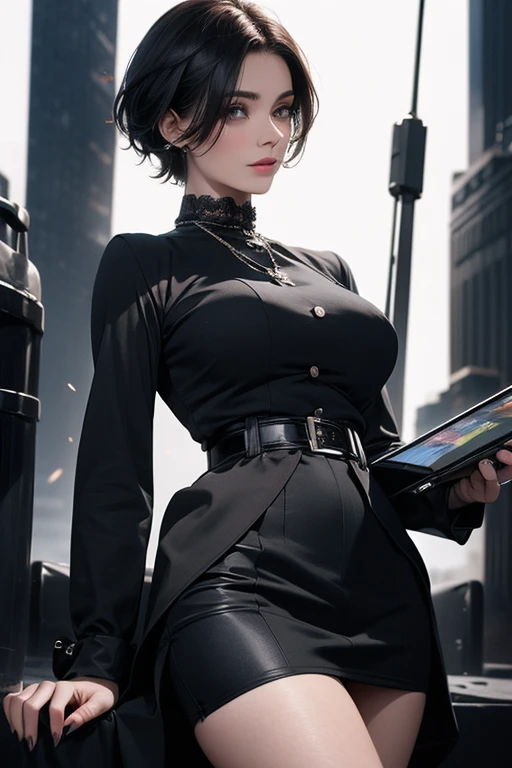 a woman in a black suit, short hair, mini skirt, black stockings, holding a tablet computer, detailed portrait, highly detailed, photorealistic, 8k, masterpiece, (best quality:1.2), (realistic:1.37), elegant, professional, dynamic pose, studio lighting, dramatic lighting, cinematic, beautiful detailed eyes, beautiful detailed lips, extremely detailed face and features, intricate details, hyperrealistic, seamless, no blemishes, refined, high fashion, glamorous, confident, city background, urban setting，Party where，Dress up