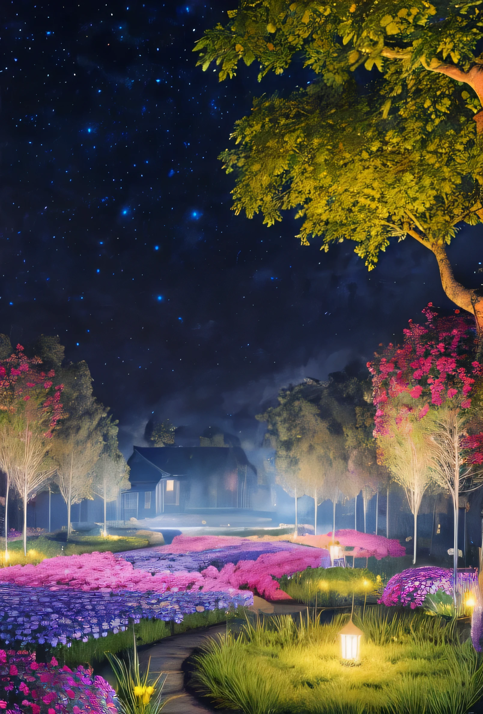 a painting of a midnight garden shrouded in mist, where ghostly flowers bloom under a starlit sky. The colors would be deep purples and blues, creating an enchanting and eerie vibe
