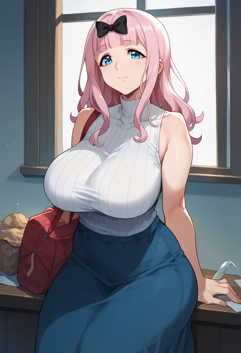 Hyper realistic, mother, milf, mature female, perfect face, perfect lighting, chika, blue eyes, pink hair, hair bow, black bow, sexy female, closed mouth, huge breasts, High neck sleeveless white ribbed knit T-shirt(loose)、デニムパンツ、((横から))