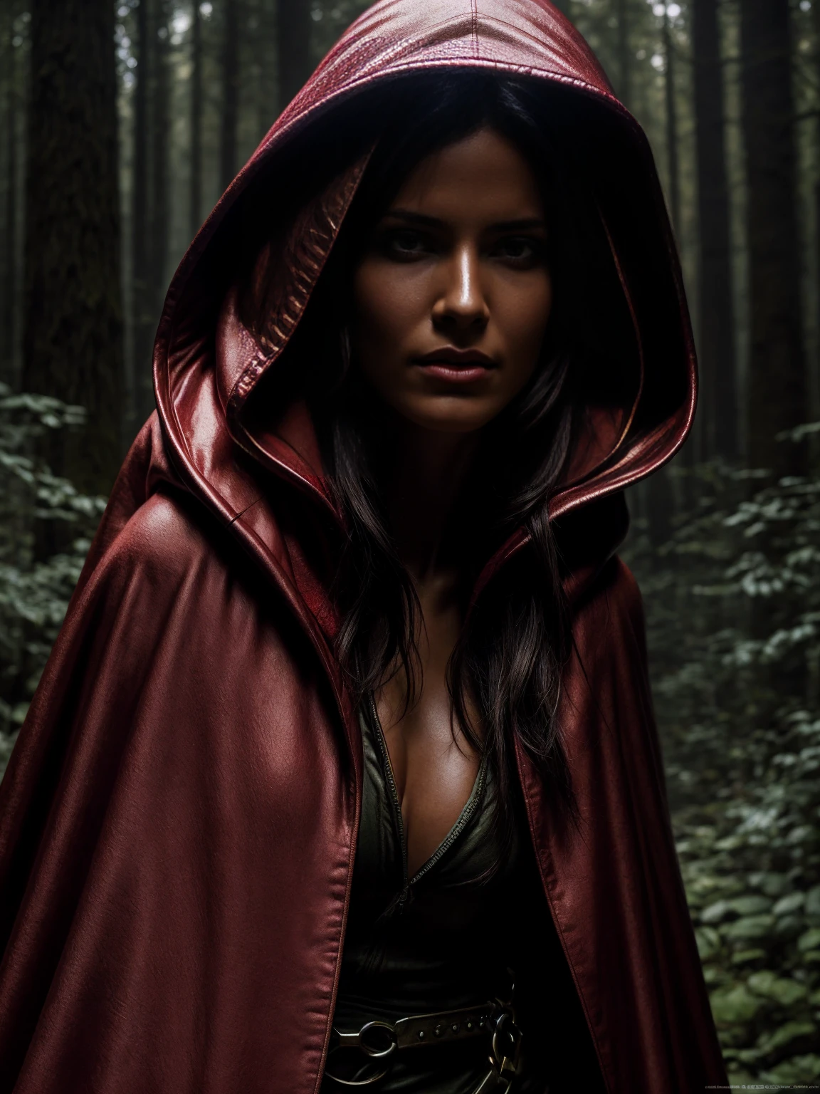 close-up portrait of NewLaraCroft in a forest, (backlight), realistic, masterpiece, highest quality, ((red hooded cloak)), ((scared )), lens flare, shadow, bloom, (( flashes of light)), [chromatic aberration], by Jeremy Lipking, by Antonio J. Manzanedo, by (Alphonse Mucha), digital painting