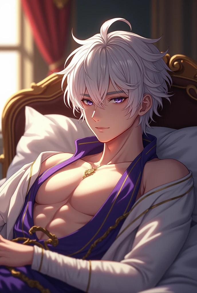 absurdres, highres, ultra detailed, HDR, master piece, best quality, perfect face, beautiful eyes, Gojou Satoru, white hair, expressive blue eyes, white eyelashes, Jujutsu Kaisen, solo, sexy man, handsome, horny, lewd, bedlah clothes, white veil, accessories, showing the chest, luxurious room, window, red curtains, petals, Nu Carnival