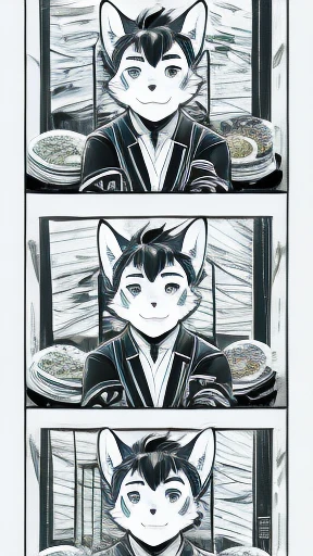  Black and white comics 、 black in Black and white comics  、      black jacket、whole body、Wolf Boy、Alone、China、       delicious meat dishes       、       happy       、happiness、4 panels  、Different expressions for each frame