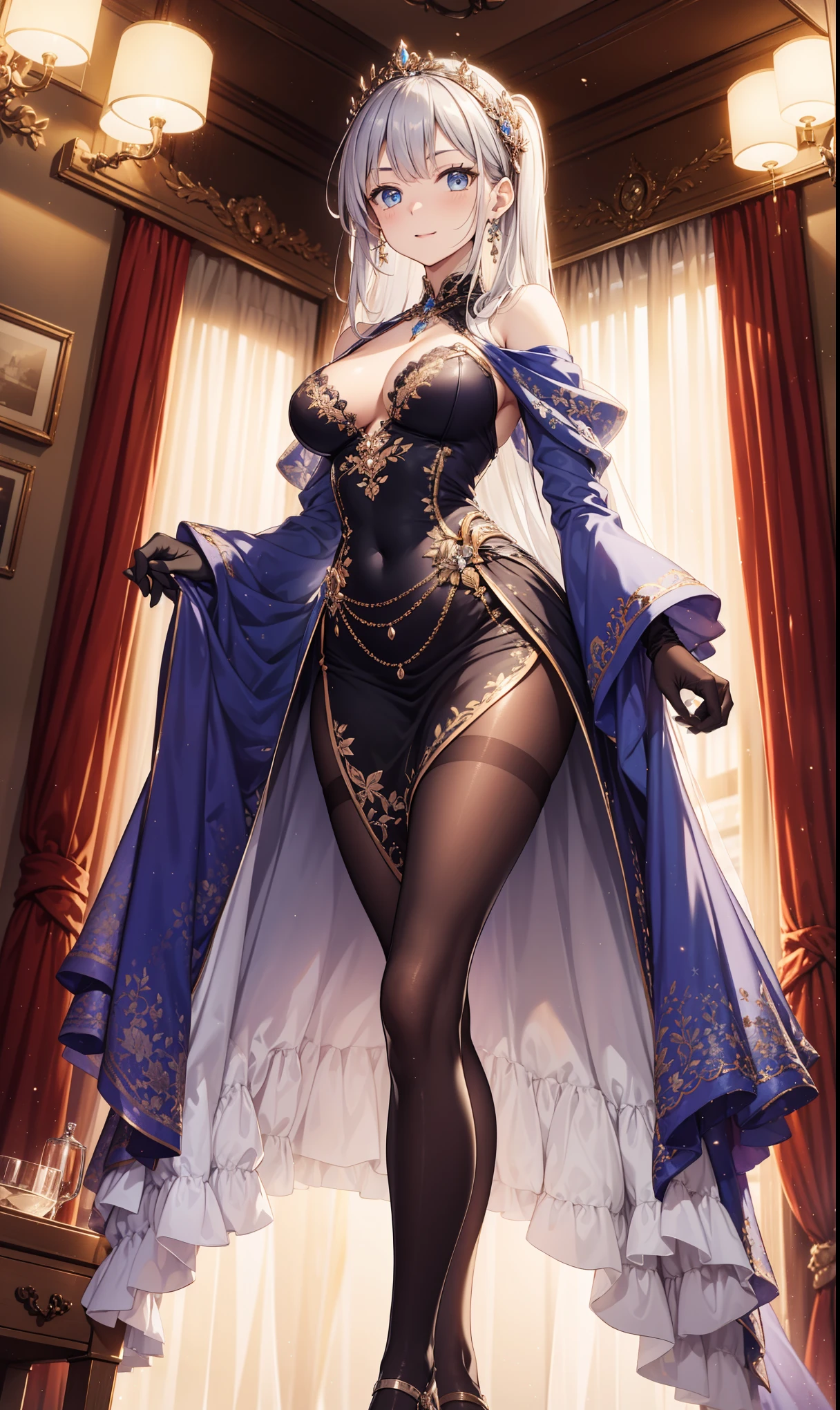 Saint,Elegant and charming , Have Fun ,in love, purple high-waisted skirt , pantyhose , black gloves ,Silver Hair, blue eyes , Plush coat, This dress covered my legs ,wrinkle, Clear Clothes ,Exquisite hair accessories, transparent lace ,night,Dress nicely,bedroom,night,Leg decoration, super detailed ,精美bedroom, delicate and beautiful face
