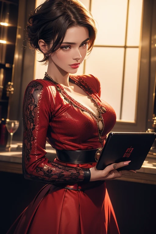 a woman in a red suit, short hair, long skirt, holding a tablet computer, detailed portrait, highly detailed, photorealistic, 8k, masterpiece, (best quality:1.2), (realistic:1.37), elegant, professional, dynamic pose, studio lighting, dramatic lighting, cinematic, beautiful detailed eyes, beautiful detailed lips, extremely detailed face and features, intricate details, hyperrealistic, seamless, no blemishes, refined, high fashion, glamorous, confident, city background, urban setting，Party where，Dress up