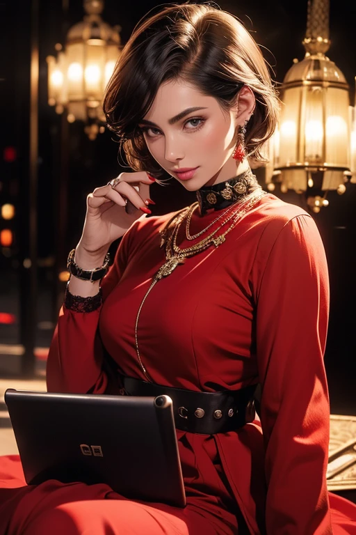 a woman in a red suit, short hair, long skirt, holding a tablet computer, detailed portrait, highly detailed, photorealistic, 8k, masterpiece, (best quality:1.2), (realistic:1.37), elegant, professional, dynamic pose, studio lighting, dramatic lighting, cinematic, beautiful detailed eyes, beautiful detailed lips, extremely detailed face and features, intricate details, hyperrealistic, seamless, no blemishes, refined, high fashion, glamorous, confident, city background, urban setting，Party where，Dress up