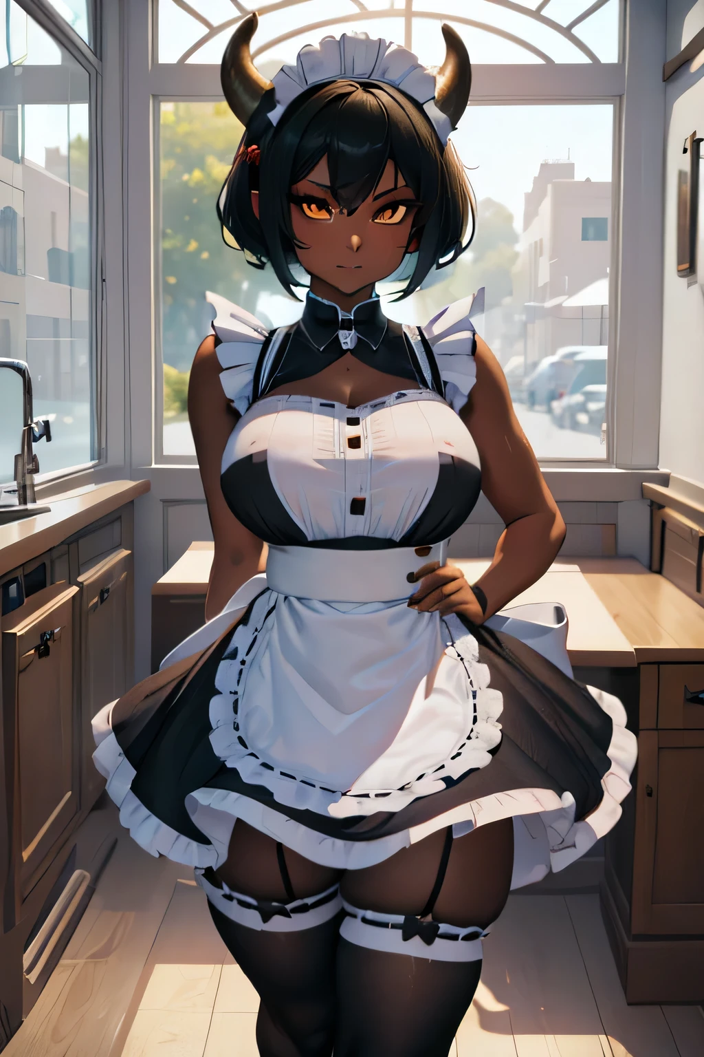 high detailed digital anime art, fine details. anime,8k, masterpiece, hi-resolution, best quality, hi-res, Top Quality, High Quality, High Resolution, woman,, kobold, egyptian style hair, room, black hair, orange eyes, medium breasts, big hips, horns, lizard tail, scales on body, thick thighs, short, tan, anime, hourglass figure, thick thighs, big hips, wide hips, medium breasts, maid outfit, maid uniform, , apron, black full stockings, sleeveless, full skirt, lizard tail, scales
