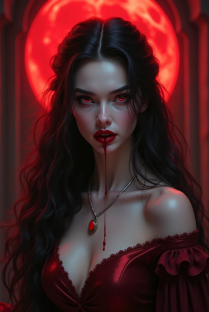 vampire. (((a lot of blood flowing out of her mouth down her face))). beautiful, sensual. (((teeth like dracula))). red lipstick. dark eyeshadow. highly detailed face. intricate eyes, hair. detailed skin.