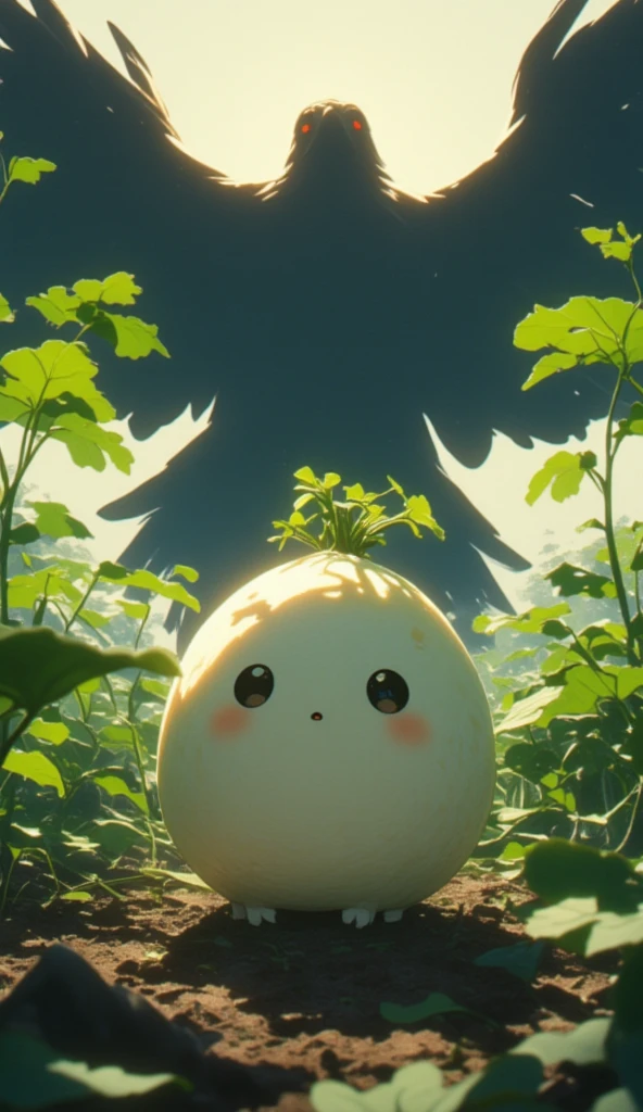 a small daikon on a farm being covered entirely by a giant flying bird's silhouette behind it. the bird in the sky covers the sunlight, causing everything in the foreground to be dark. the camera focuses on the daikon, with an extreme wide shot on the daikon to capture the silhouette of the bird. the daikon has a cute cartoony face, where it looks at the viewer, with a scared face. 