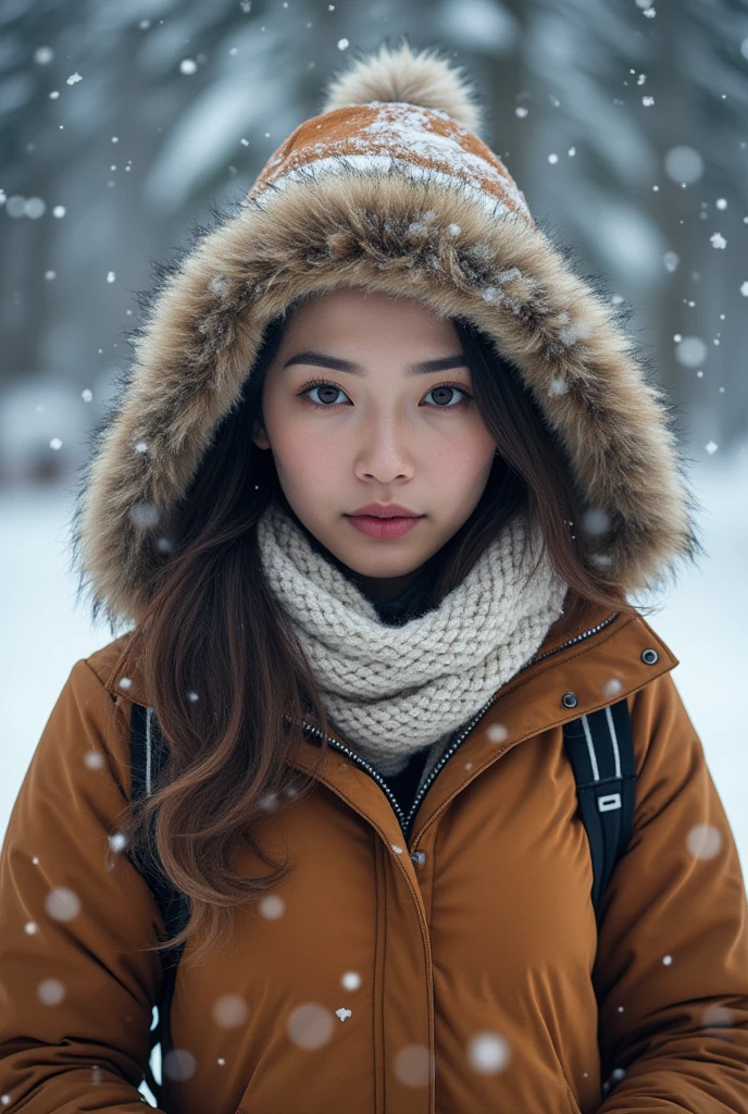 A stunning intricate full color portrait of (sks woman:1), wearing a winter jacket, hat, snow, snowfall, RAW photo