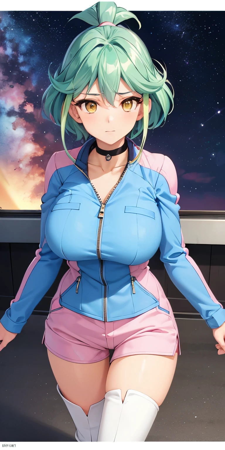 1 Female,High definition,high resolution,Ultra-realistic,8K, rin_arc_v,blue jacket,long sleeves,black choker,pink shorts,white thighs boots, multicolored hair,yellow eyes,European,sexy,Upper body close-up,Photographed from the front,Dynamic Angles,private teacher,blush, huge tits, nipples ,show tits , pretty  ,(pov , closed shot:1.3)