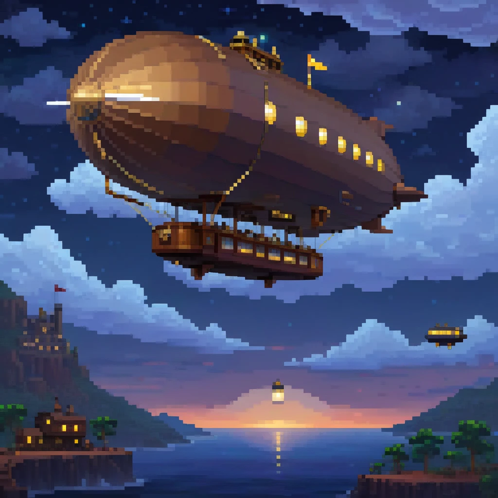 pixel art, 1 a dirigible airship adventure, night, clouds, stars