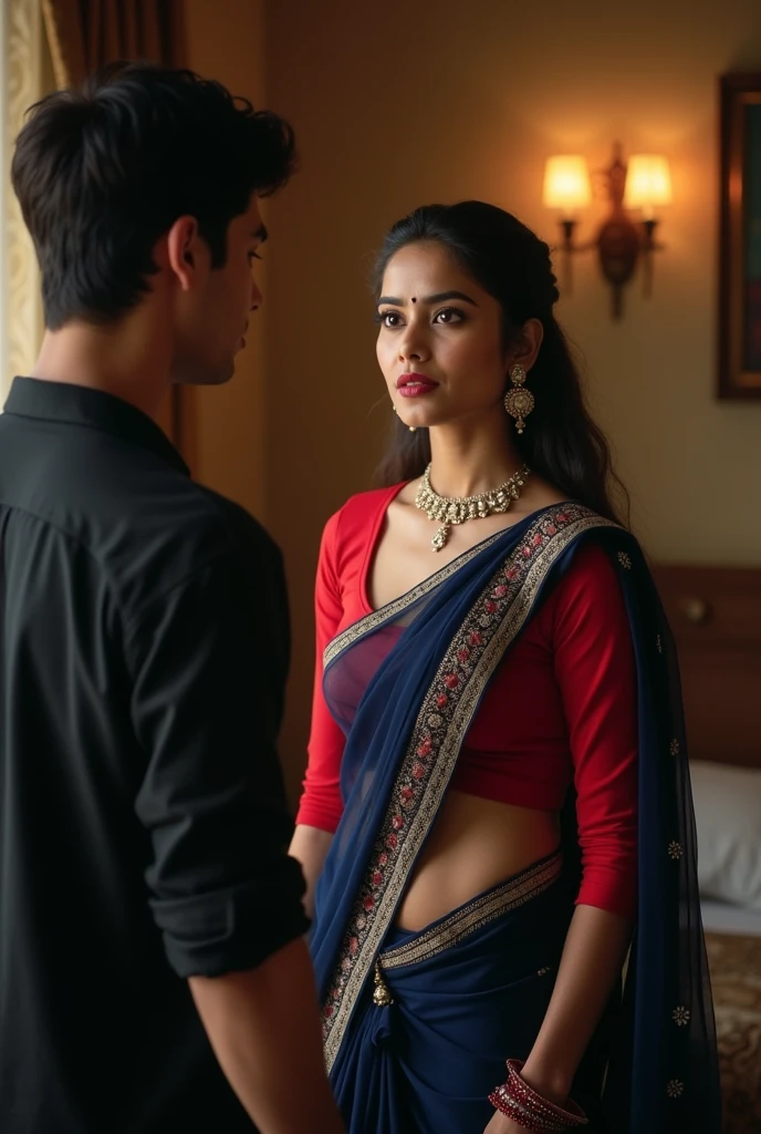 Real image of a milky beautiful pretty indian woman is scared with the handsome indian young man in a spacious room. He is mesmerised by her beauty and falls in love with her. she is wearing lavender georgette saree and he is wearing black suit. he is very masculine and strong. Her black hair is long and ponytail loosely with hair accessories and framing her angelic face. she is looking at him and feels shy.(realistic,photorealistic,photo-realistic:1.37),highly detailed, gorgeous women,beautiful detailed eyes,beautiful detailed lips,beautiful smile,realism style,dynamic pose,full body,8k quality,depth field,wavy long black hair,professional portrait lighting,vivid colors,ultra-sharp focus,soft natural lighting,sophisticated expression,breathtaking composition,subtle background,highres, handsome man,detailed body, 8k quality, full body, maleness, mascular, tall and dark
