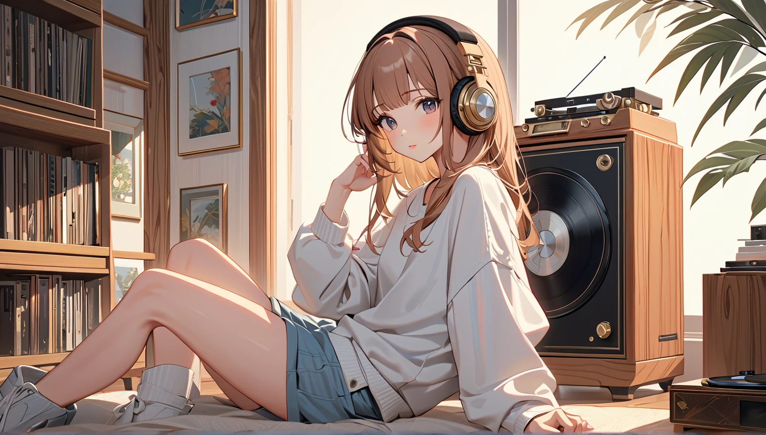 Create a tranquil scene for a Lo-fi channel with an 80s anime aesthetic. Picture a brown-haired girl sitting on a plush bean bag chair in her cozy bedroom. She is wearing an oversized sweater and leggings, embodying the relaxed fashion of the 80s. She has headphones on, connected to a portable cassette player, and she looks content as she listens to her favorite music.

The room is dimly lit by a small lamp on her desk, which casts a warm glow over the space. The desk is cluttered with retro items such as cassette tapes, a Polaroid camera, and a few manga books. The walls are adorned with posters of classic 80s anime and neon signs that give off a soft, colorful light.

Outside the rain falls gently, and the neon lights from the city streets create beautiful reflections on the wet window. There’s an open notebook and a pen next to her, suggesting she’s been jotting down thoughts or doodles. The scene should evoke a sense of calm and nostalgia, making it perfect for a Lo-fi channel.